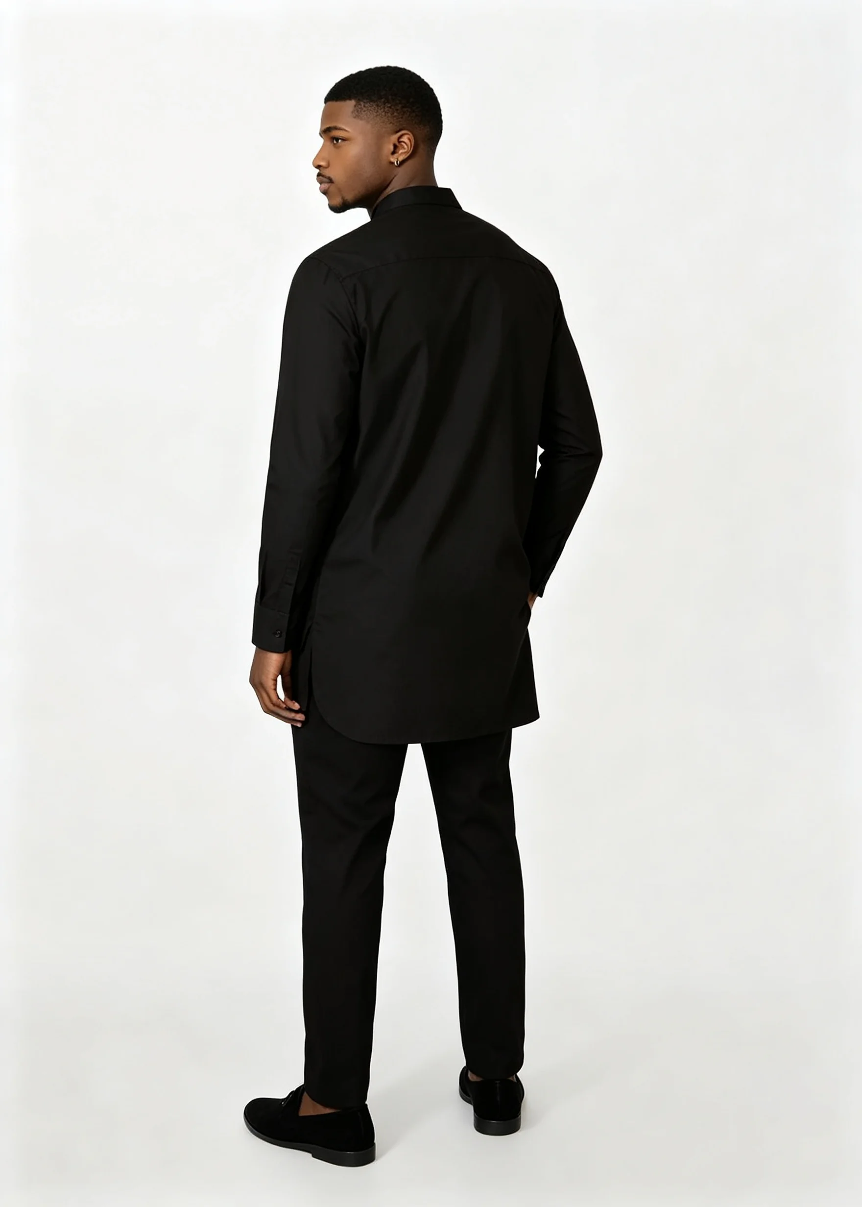 Men African 2‑Piece Outfit Black Gold Floral Embroidery Stand Collar Long Sleeve Tunic Top Pants Set Wedding Party Formal Wear