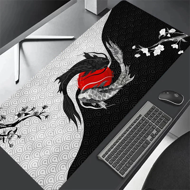 Japanese Desk Mat Black & White Mouse Pad Koi Fish Japan Art Seal Yin-yang fish Large XXL Gaming Deskmat Rubber Mousepad 80x30