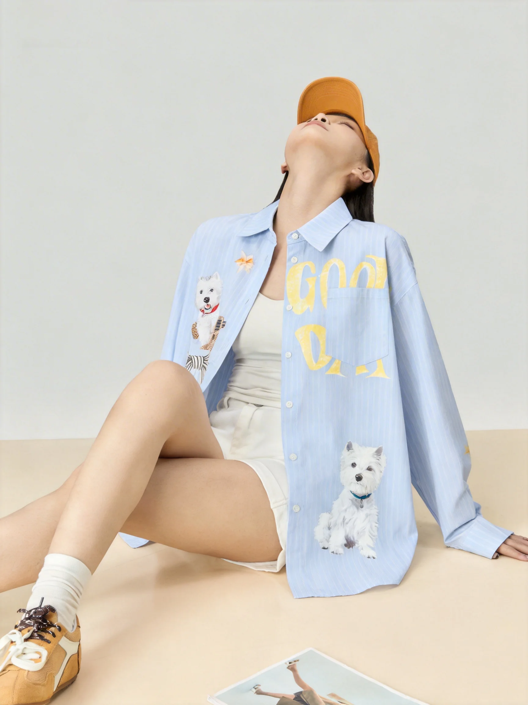 

Женская повседневная свободная рубашка с длинным рукавом и принтом собаки породы Вест-Хайленд, синяя в полоску, на пуговицах, новинка 2026 года