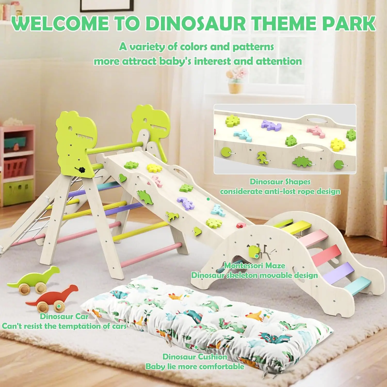 12 in 1 Pikler Triangle Set with Cushion, Montessori Toddler Climbing Toy | Wooden Indoor Climbing Gym, Rope Ladder, Shape Sorte
