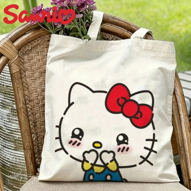 

1 шт. Милая холщовая сумка-шоппер Sanrio Hello Kitty с красным бантом, многоразовая, на плечо