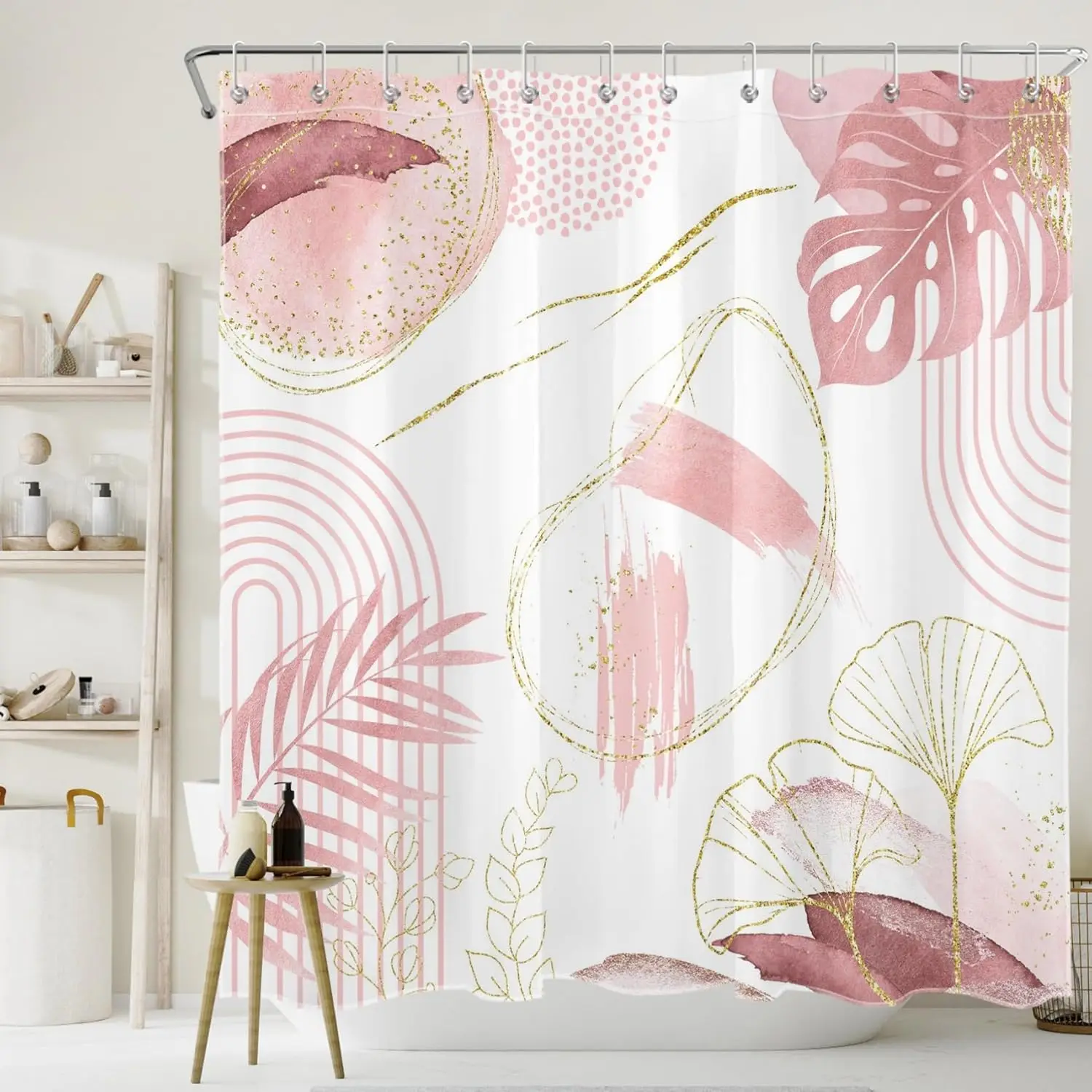

Pink Abstract Geometric Shower Curtain for Bathroom, Pink and Gold Leaf Boho Plant Shower Curtain with Hooks Modern Aesthetic