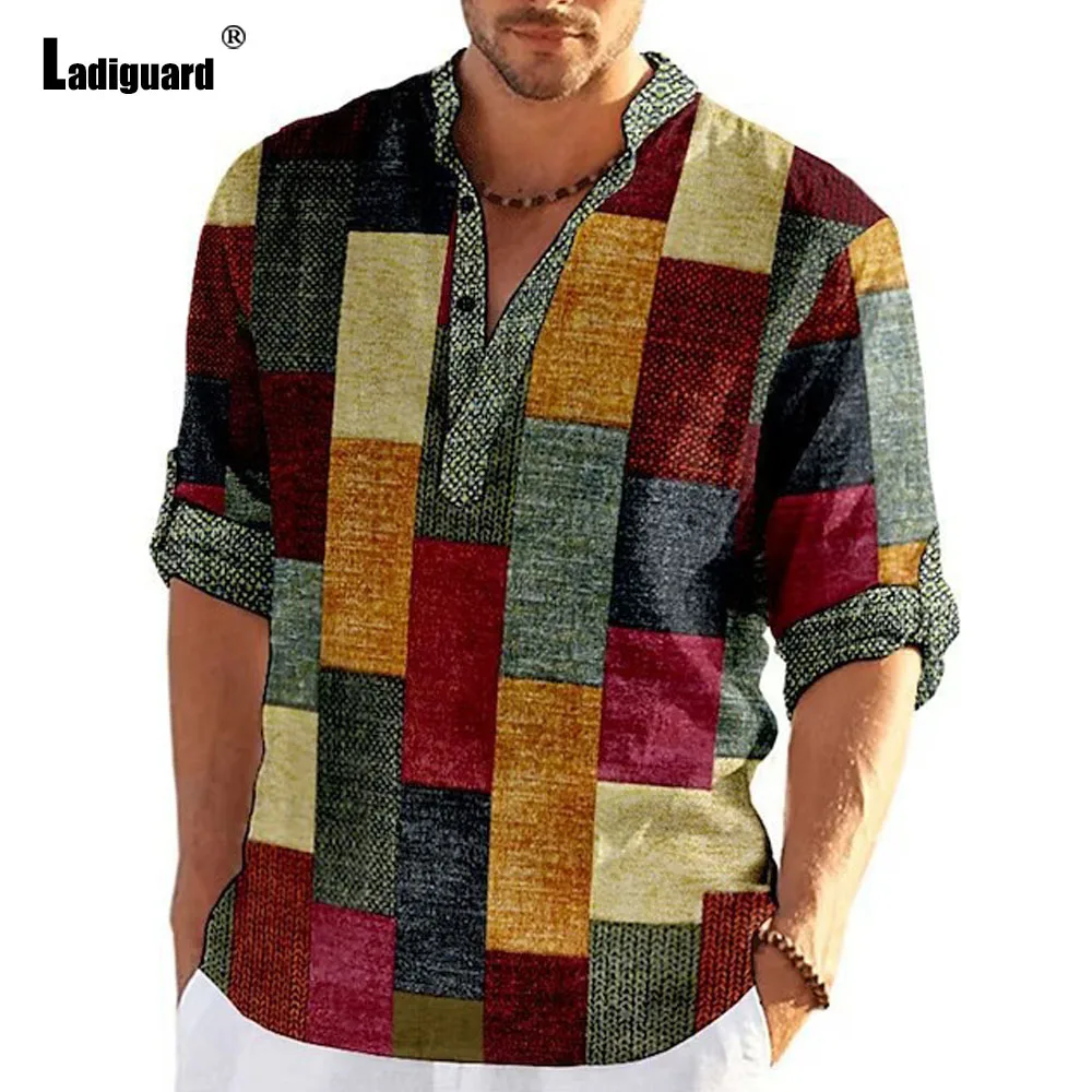 European Fashion Shirts Blouse Long Sleeves Men Vintage Tunic Wear 2023 Autumn Boho Plaid Top Mens Casual V-neck Shirt Pullovers