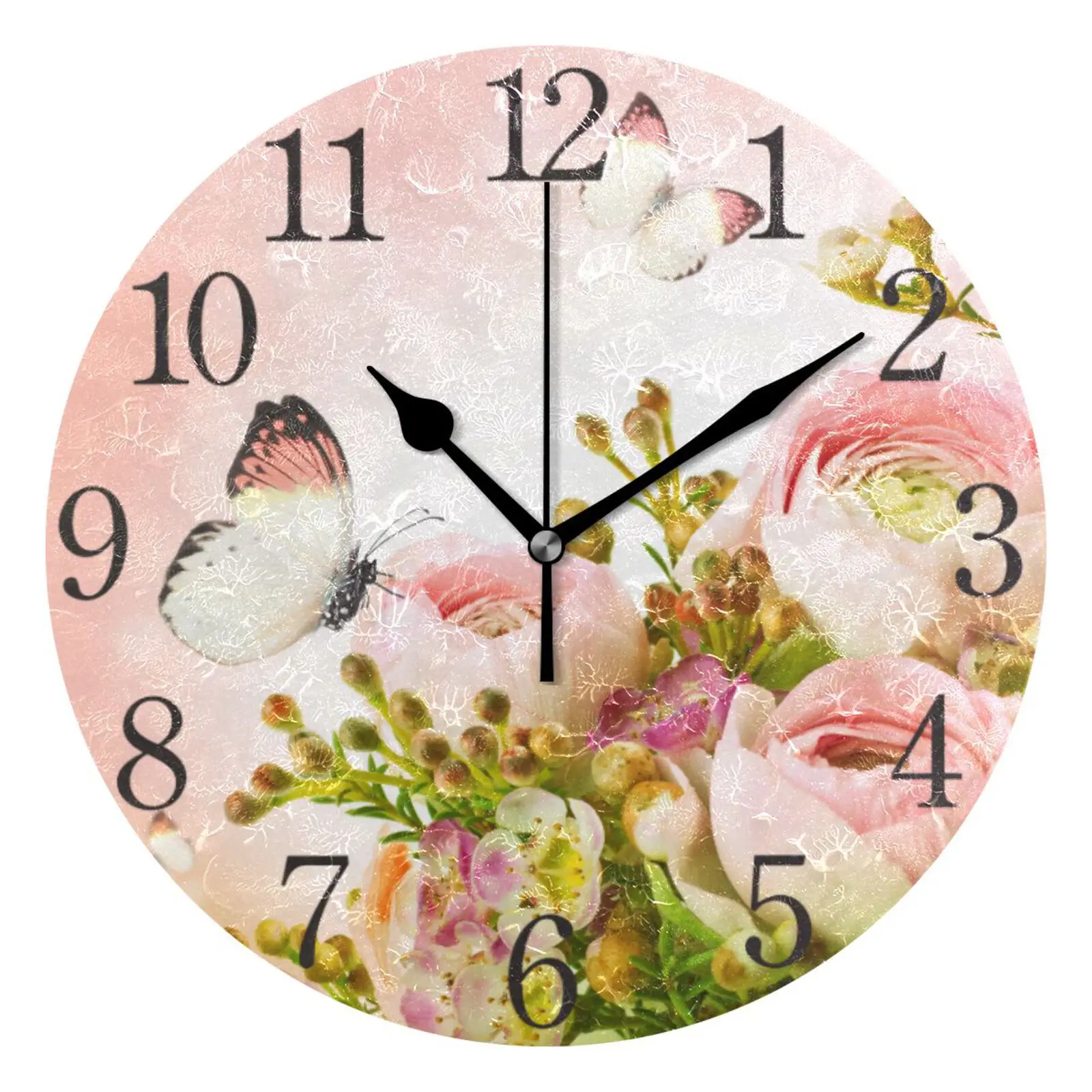 Pink Rose Butterfly Print Silent Wall Clock Round Hanging Watch Battery Operated Quiet Desk Clock For Kitchen Living Room Decor