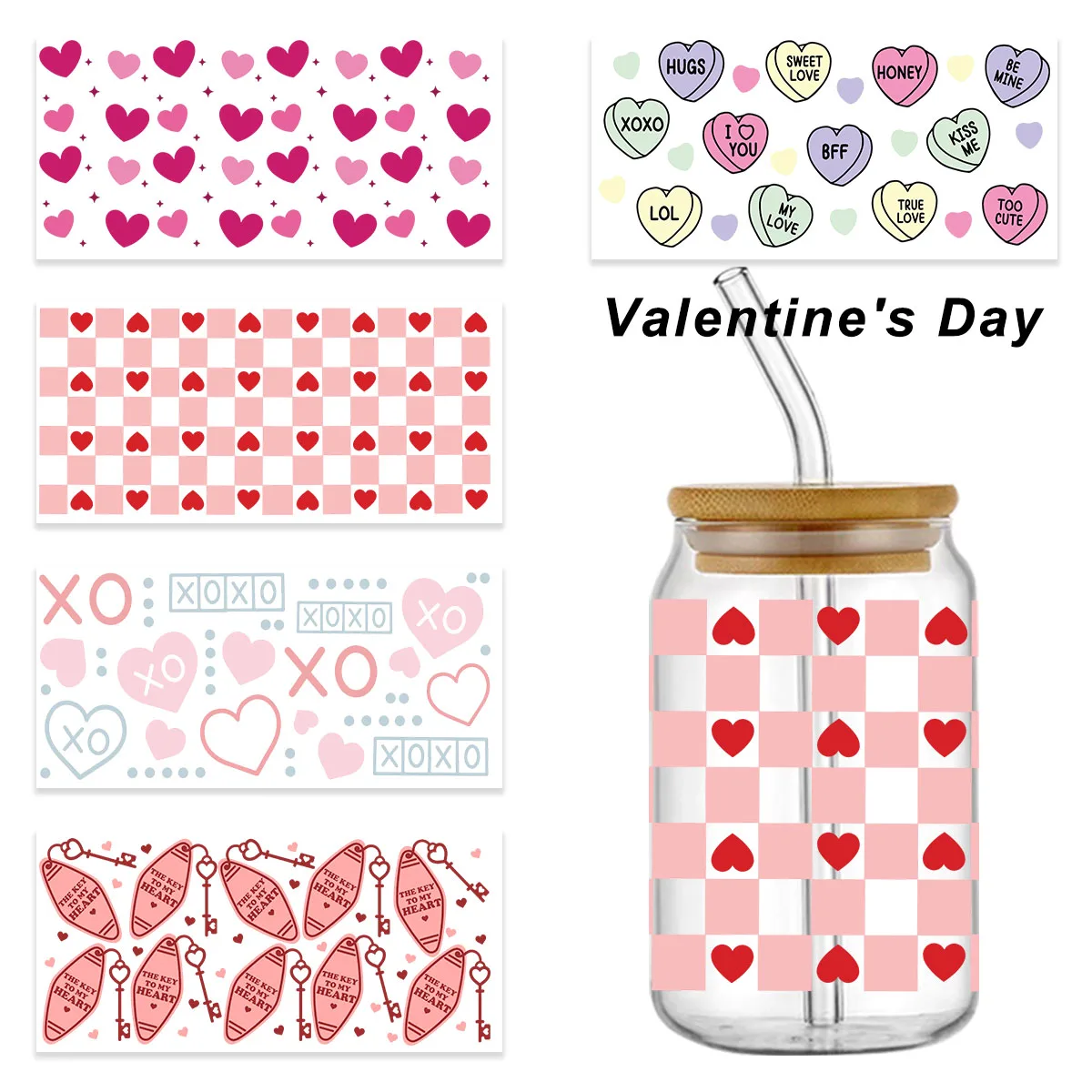

Valentine's Day design 3D uv dtf cup sleeve sticker Beautifully patterned stickers 16oz Glass UV DTF Wrap