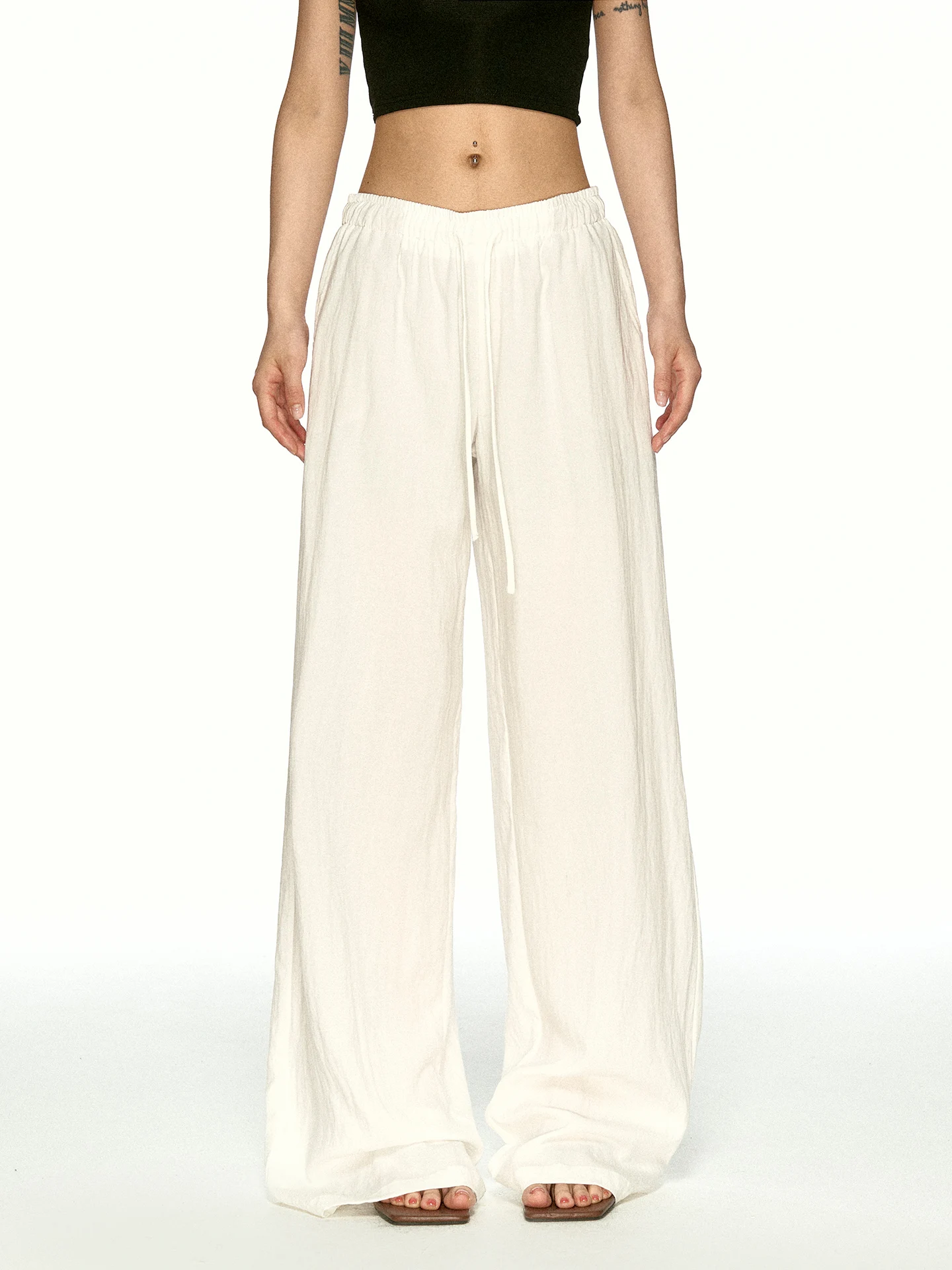 Aaisup Women's Drawstring Waist Cotton Linen Casual Pants High Waist Wide Leg Loose Fit Summer New Style Asymmetrical