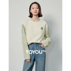 TOYOUTH Women Sweatshirt 2024 Spring New Contrast color Patchwork O neck Striped Long Sleeve Pullover Tops