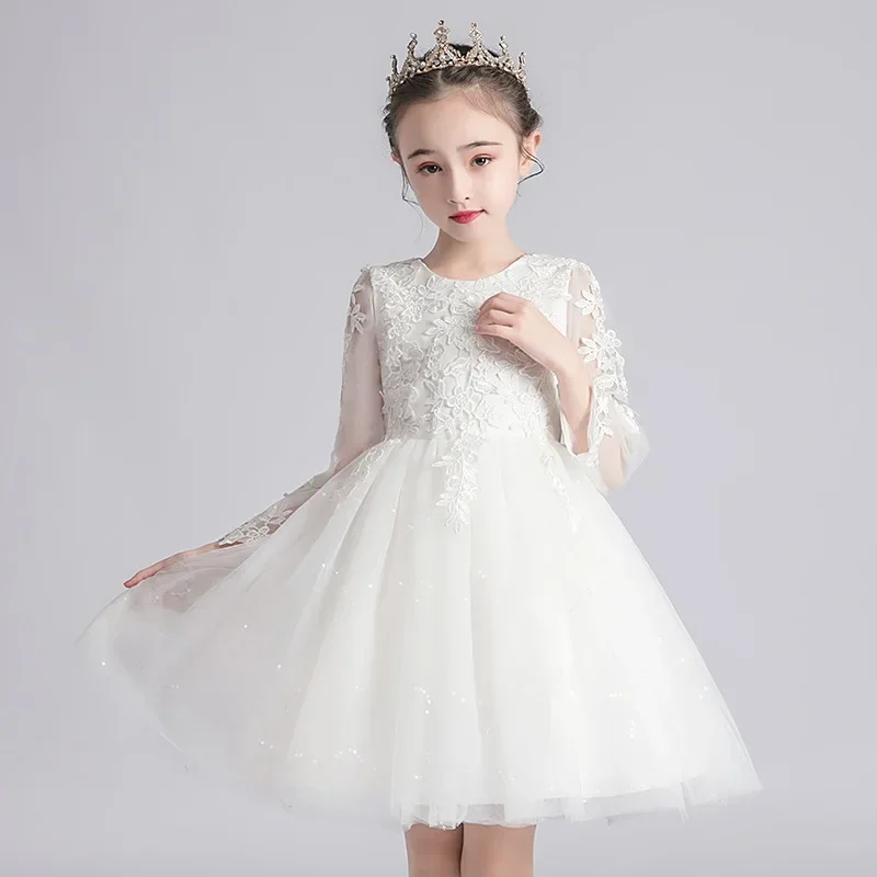 Abito da principessa per bambini 2024 New Spring Girls' White Performance Mesh Dress abbigliamento per bambini