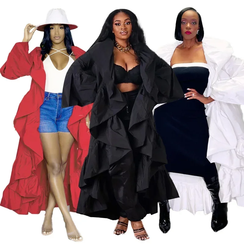 

Women Ruffles Long Jackets Flare Sleeve V Neck Splice Coats Loose Fit Casual Folds Coat Office Lady Autumn Winter High Street