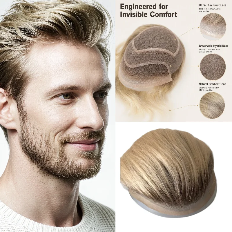 Human Remy Hair Lace+Pu Hollywood Toupee Hair System 8x10 6inch Men Hair Wig Color 1B T4-613 Ready Stock