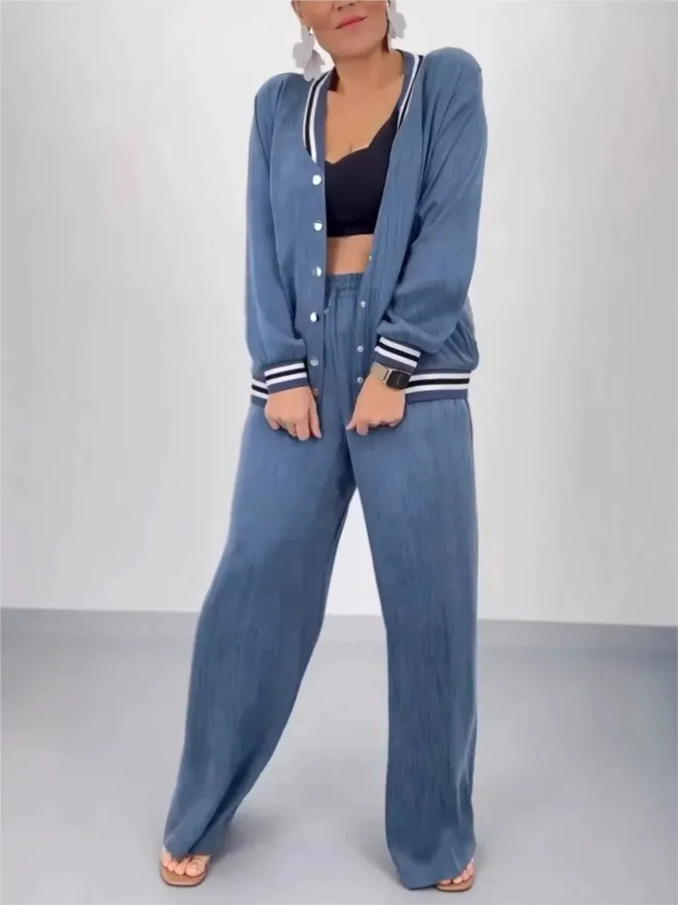 

2025 Autumn Winter Casual Striped Patchwork Suit Woman Fashion O Neck Button Cardigan Top + Wide-leg Pants Women's 2 Piece Sets