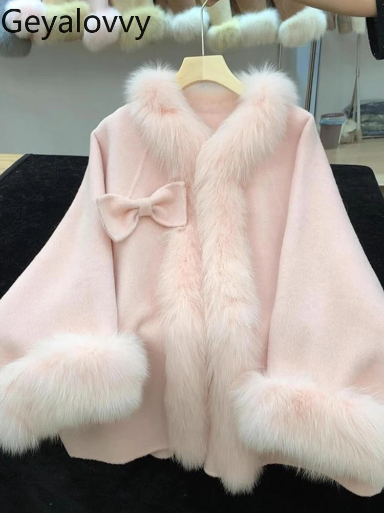 

Pink Japanese Style Socialite Autumn Winter New Elegant Bowknot Plush Patchwork Coat Sweet Cute Girls Versatile Loose Jacket