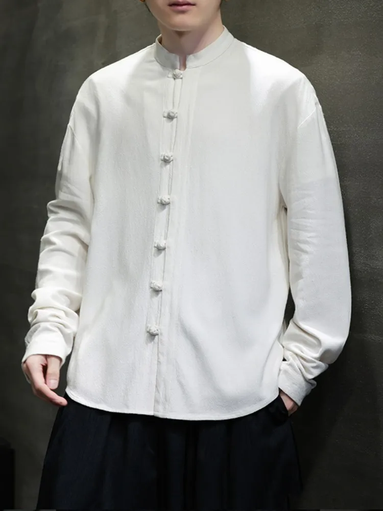 

White Linen Men's Long Sleeve Shirt Cotton Linen Material Spring New Chinese Style Renovated Tang Costume Hanfu Loose Fit You...