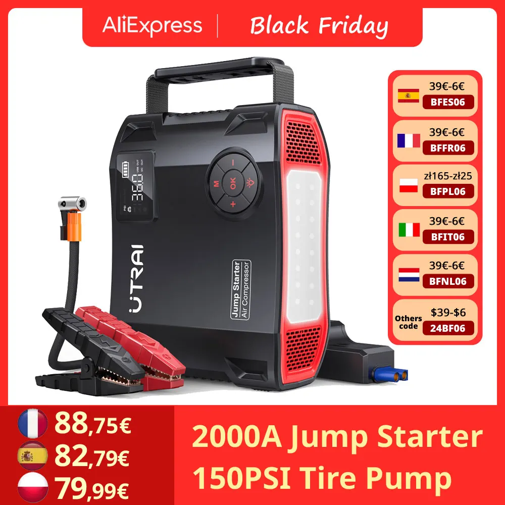 UTRAI 2000A 4 In 1 Jump Starter Power Bank 150PSI Air Compressor Tire Pump Portable Charger Car Booster Starting Device