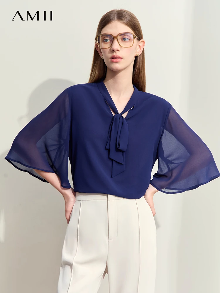 

Amii Minimalism 2024 Women Blouse Summer New Elegant Commuter Stand Collar Trumpet Sleeve Chiffon Shirt Loose Lady Tops 12422124