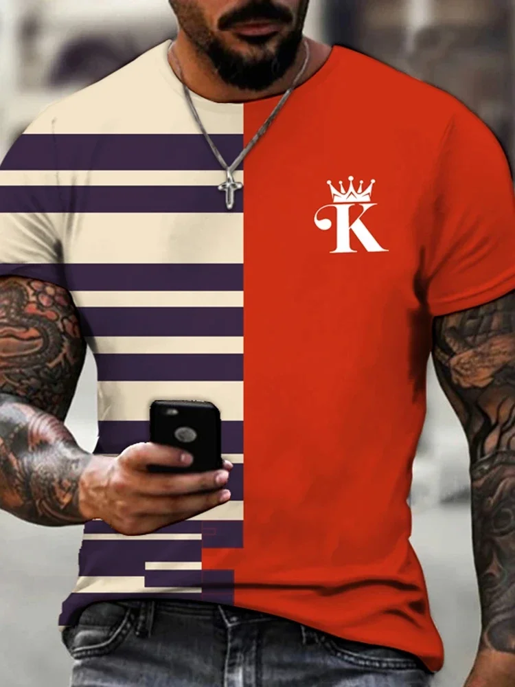 2024 Summer New Retro Stripe Men's T-shirt Spade K3d Printed Casual Business T-shirt King K Spades A Extra Large Men's Top