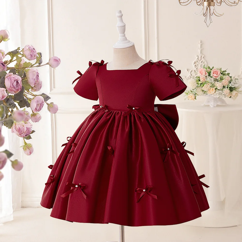 

Flower Girls Red Bow Beading Xmas Princess Dress For Children Birthday Party Pageant Wedding Prom Ceremony Christmas Puffy Gown