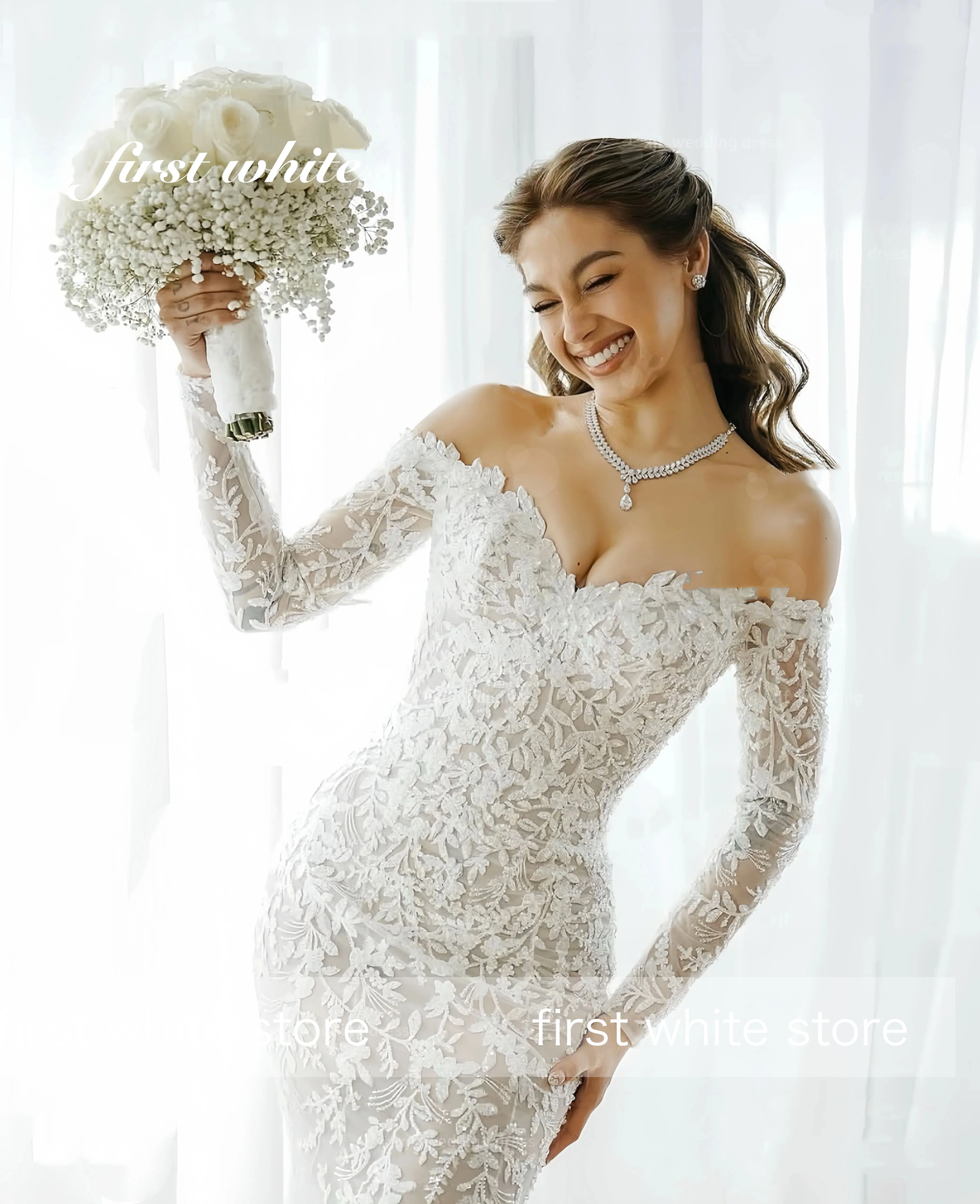 Customzied エレガントな甘い襟長袖マーメイドレースのウェディングドレスvestidosデノビアアマンダノビアアマンダノビア