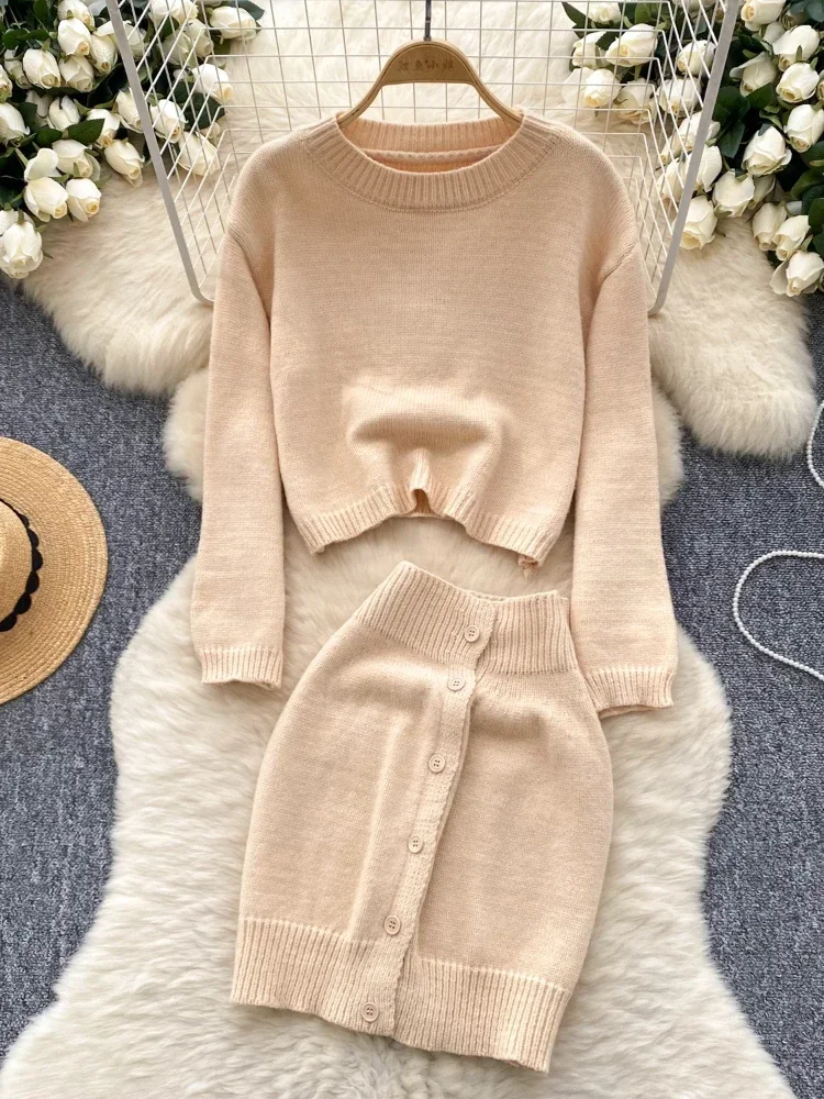 Autumn Casual Warm Sweater Suits Women Long Sleeves Loose Pullover+Buttons Design Short Skirt Office Lady Knitted 2 Piece Set