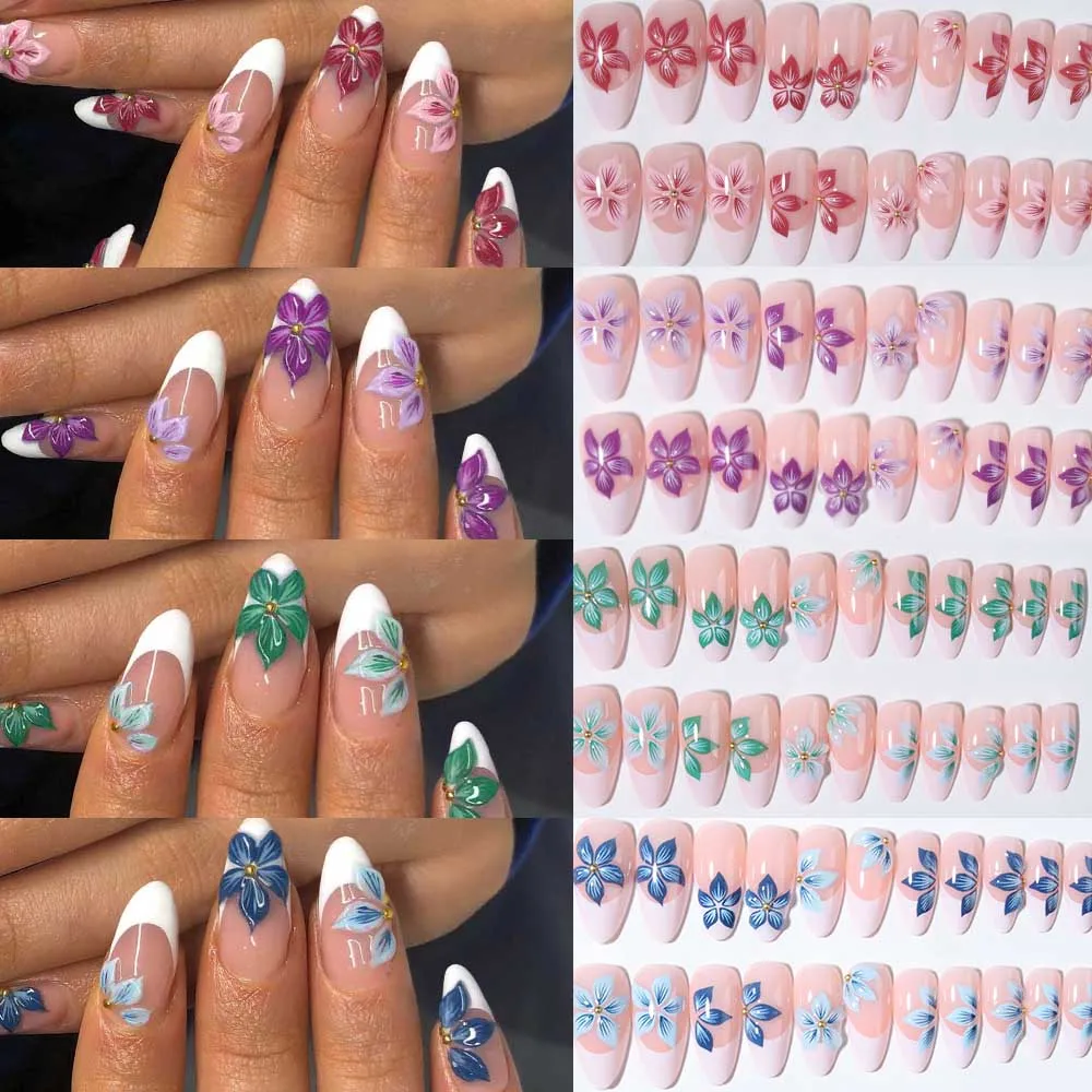 24pcs Almond 3d gel flower white French Tip Press On Nails , Fit Perfectly Acrylic False Nail set,contain 1pcs Jelly Glue and 1p view 5