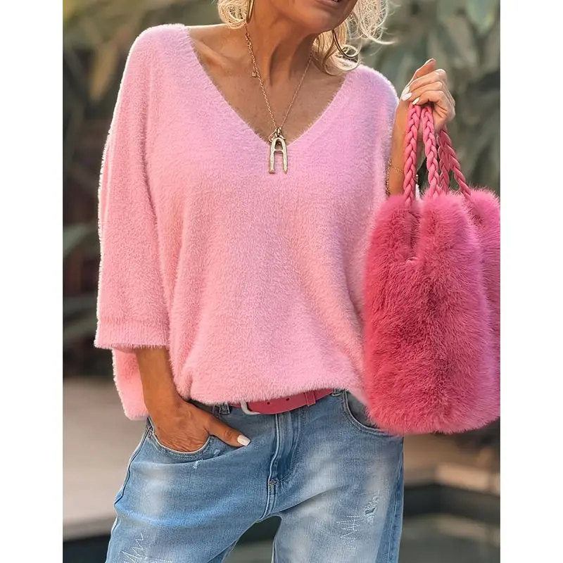 

Женские вязаные топы большого размера, весна-осень, с длинным рукавом и v-образным вырезом, однотонный повседневный свободный крой, пуловер, трикотаж, свитер, джемперы