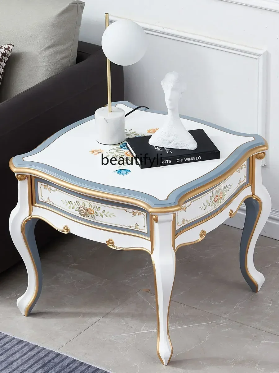 

European luxury corner table, French solid wood sofa square table, carved