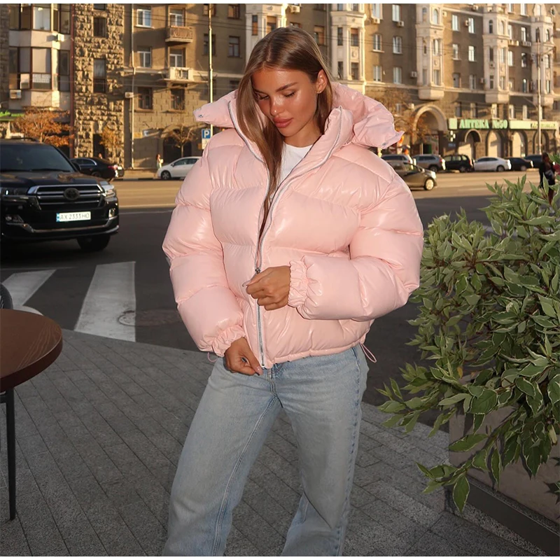 Chic Reflective Fabric Lace Up Hooded Cotton Jacket Women Stand Collar Full Sleeve Zipper Warm Overcoat 2026 Winter Lady Outwear
