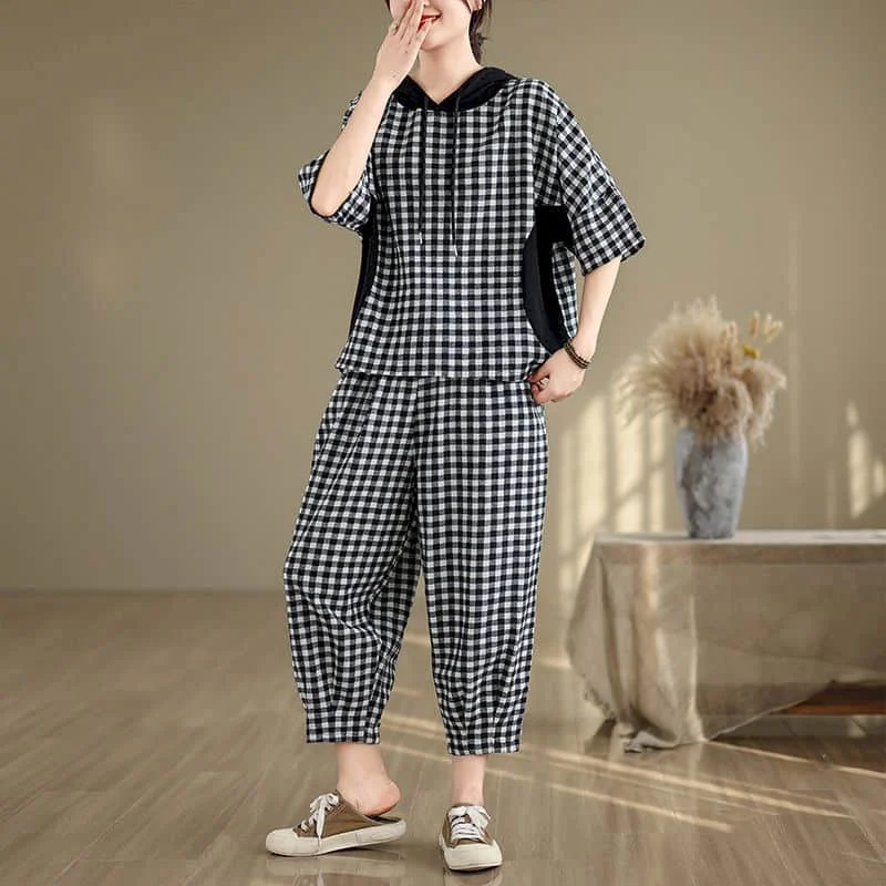 

Plaid Pants Sets Autumn Vintage Linen-cotton Short Sleeve Hooded T-Shirts Harem Pants Korean Style Two Piece Sets Women Outfits