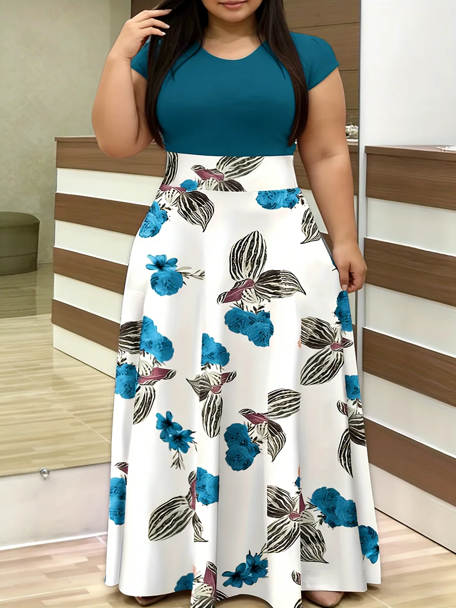 

Plus Size Women's Dress Crew Neck Short Sleeve Floral Print High Waist A-Line Maxi Dress Chic Spring Summer Casual Light Dress