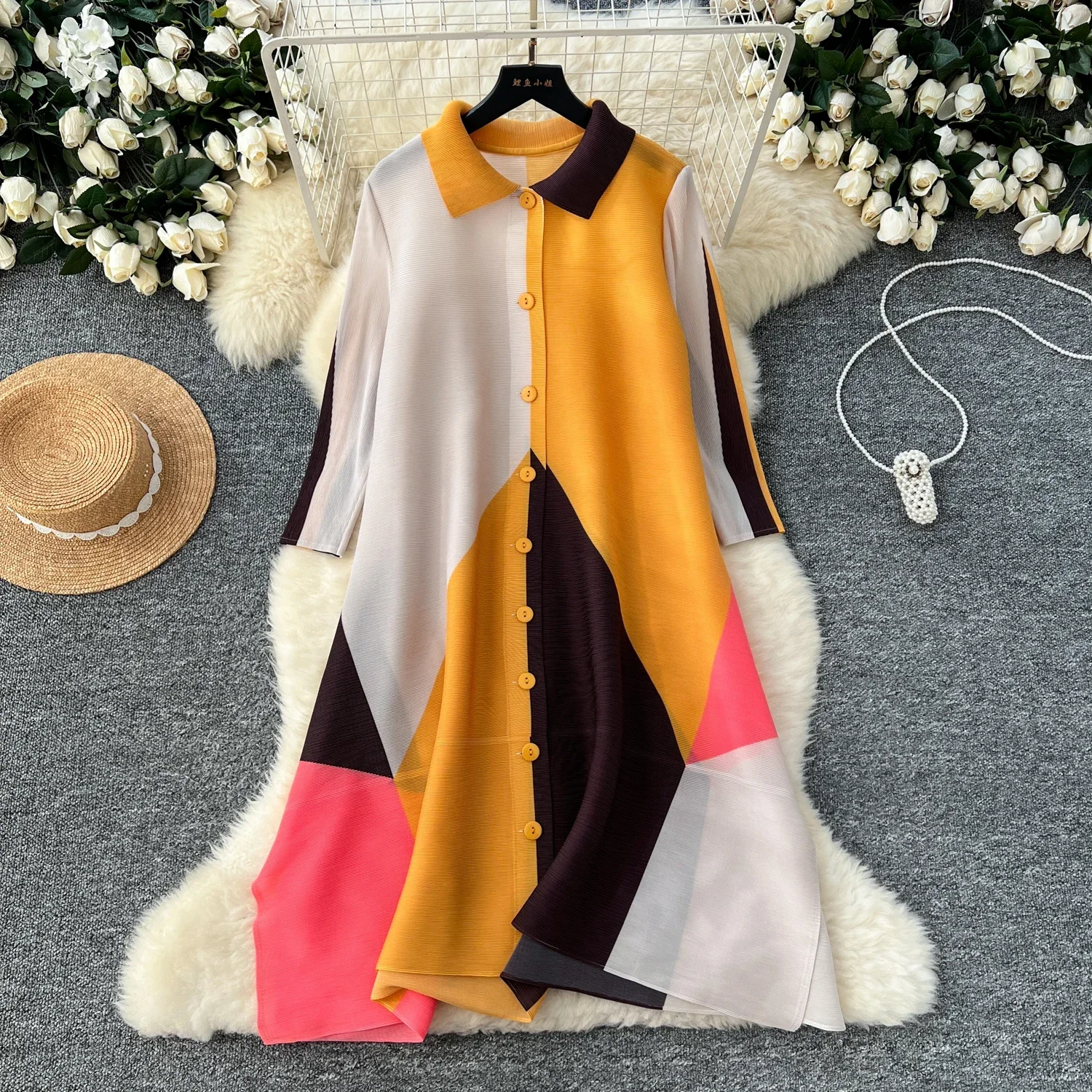 Chic Turn-down Collar Vintage Long Sleeve Elegant Print Single Breasted Loose A-line Dresses Korean High Street Autumn Clothing