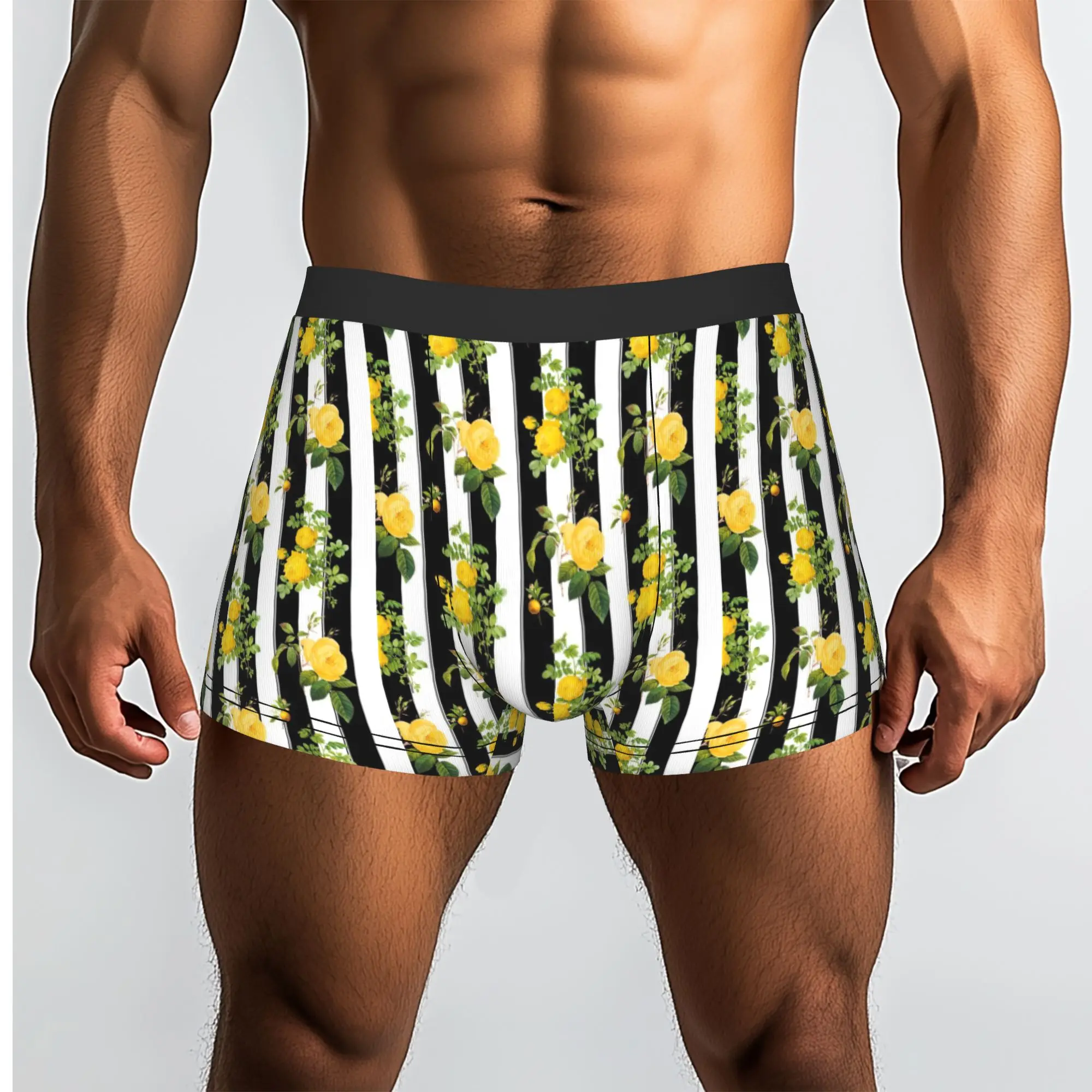 Yellow Rose Vertical Stripe Pattern  Underpants Breathbale Panties Men's Underwear Print Shorts Boxer Briefs