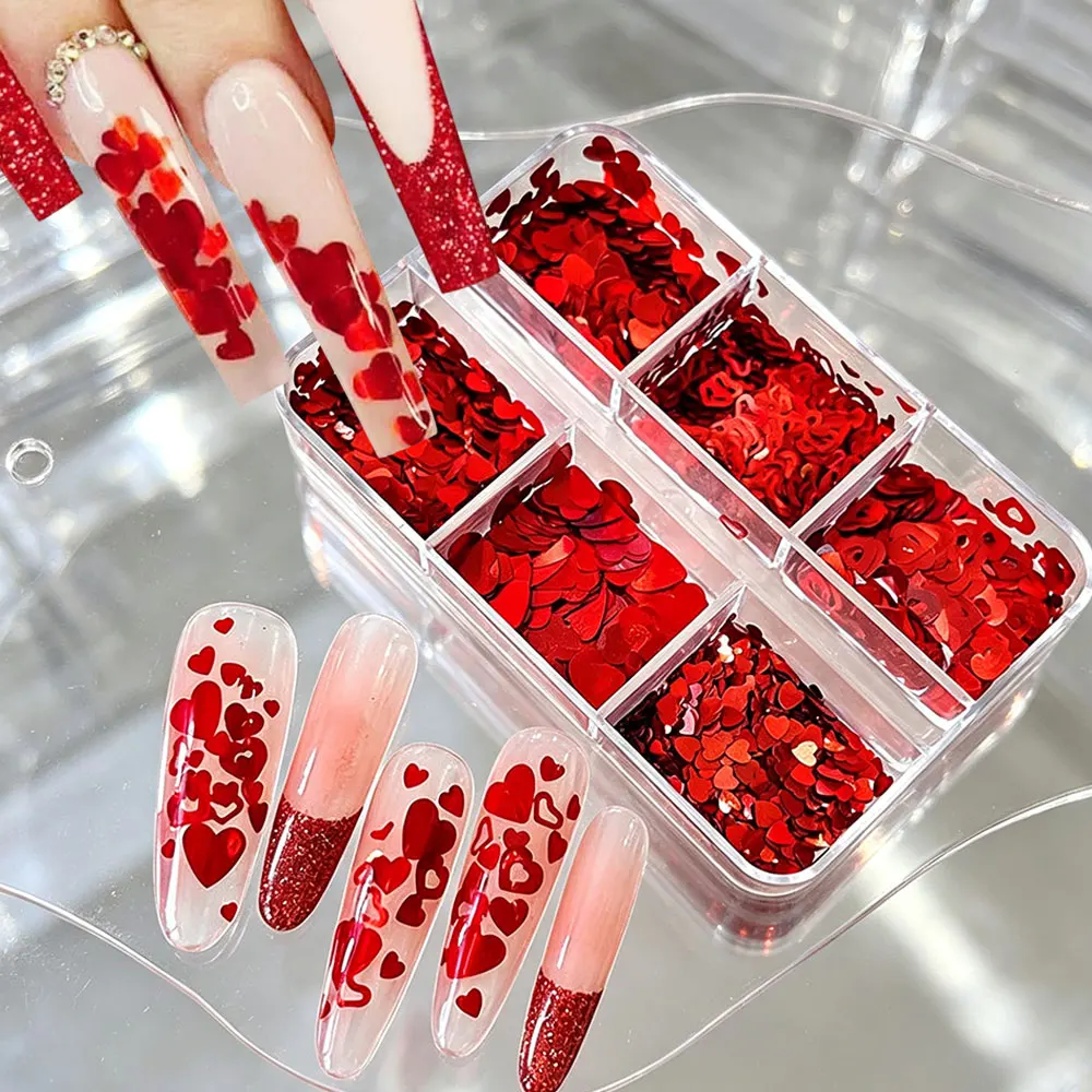 6er-Set Holografische Rote Ahornblätter Nagelglitzer Pailletten Glänzende Mischung Laser Gold Sechseckige Nagelflocken 3D Ahornblatt Nageldekorationen