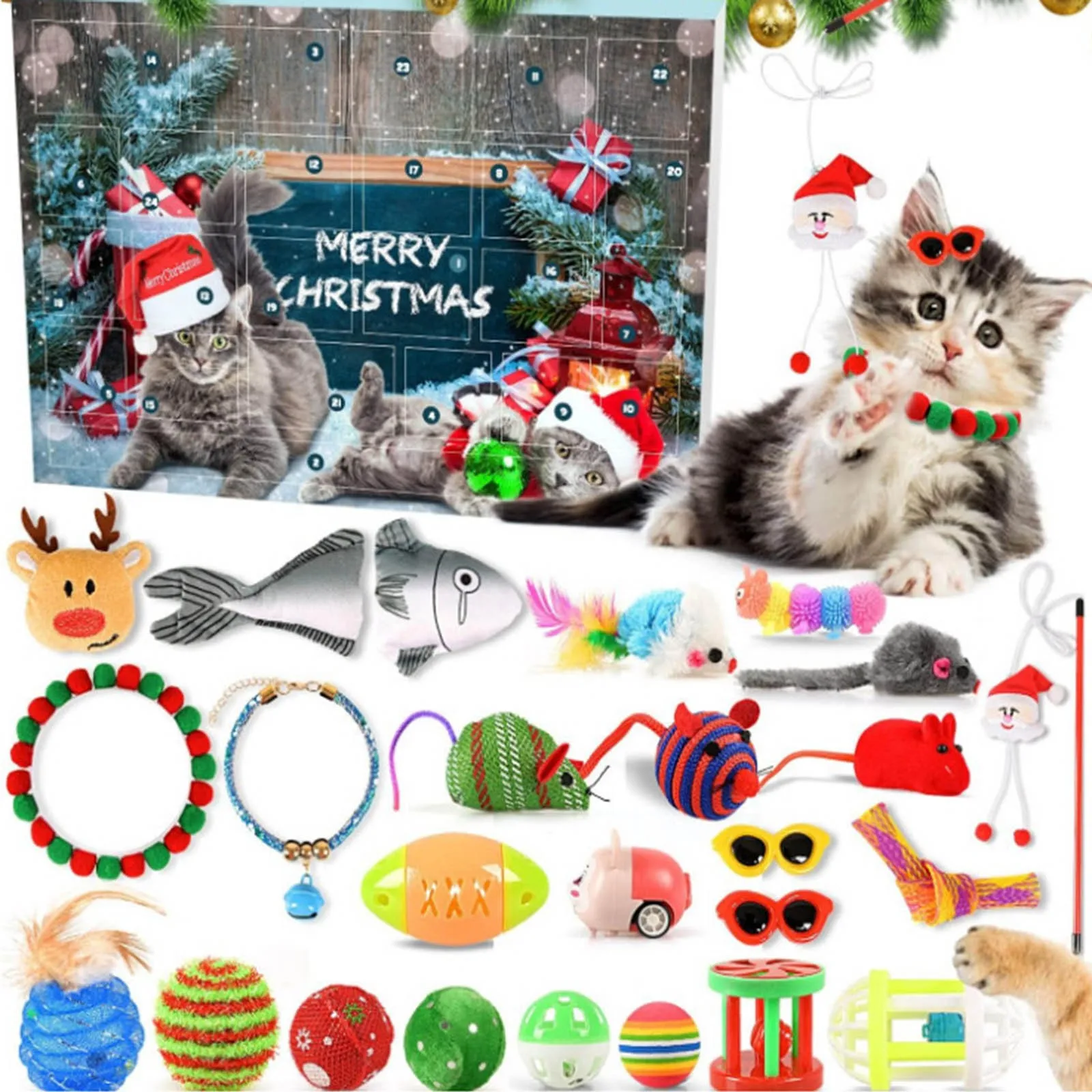 Light Timer 2024 Cat Advent Calendar 2024 Christmas Countdown Calendar For Toys 24 PCS Cat Feather Teaser Toddler Timer Watch