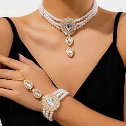 Multilayer Elegant Imitation Pearl Chain Necklace Bracelet for Women Creative Water Drop Rhinestone Jewelry Set Wed Accessories