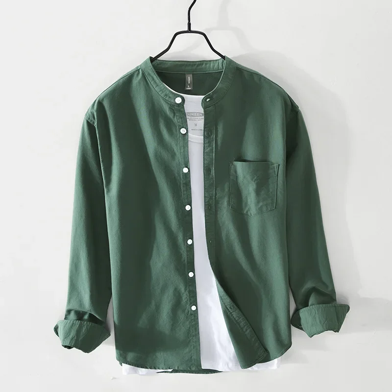 Men's Long Sleeve Oxford Casual Green Shirt Front Patch Chest Pocket Regular-fit Thick Work Shirts for Men Clothing