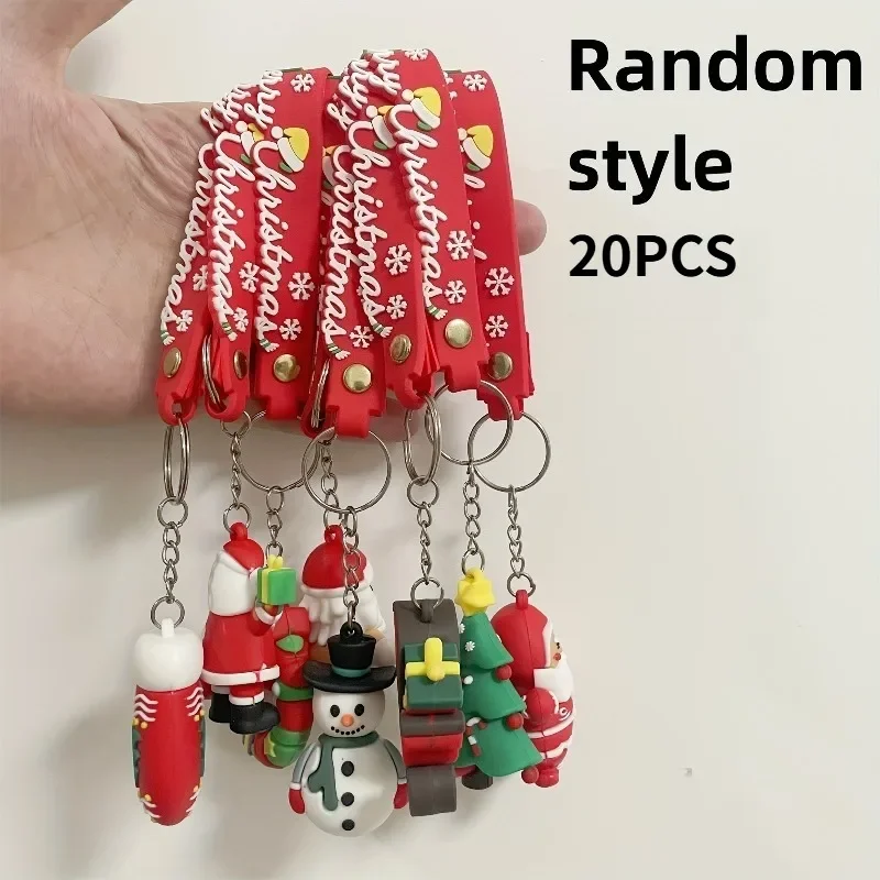 Random 20pcs Christmas Hanging Ornaments Santa Claus Christmas Tree Cartoon Keychain with Christmas Bracelet for Hanging Keys