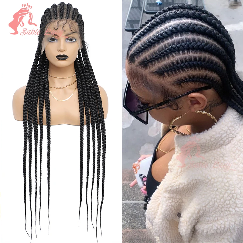 

36'' Symmetrical Black Cornrow Wigs Knotless Braided Wig Cornrow Braids Lace Front Wigs For Black Women Durable Sable Lady