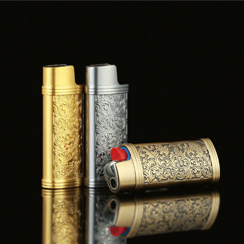 Personality 3D Carved Flower Lighter Protect Box For Bic J5 J6 Reusable Case Explosion-Proof Metal Armor Gas Lighters Shell