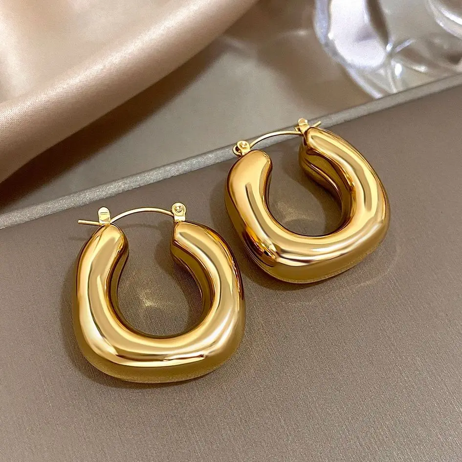 Klobige, mollige Edelstahl-Ohrringe für Damen, schlichte Mode, Punk, vergoldet, U-förmige Creolen, wasserfester Schmuck