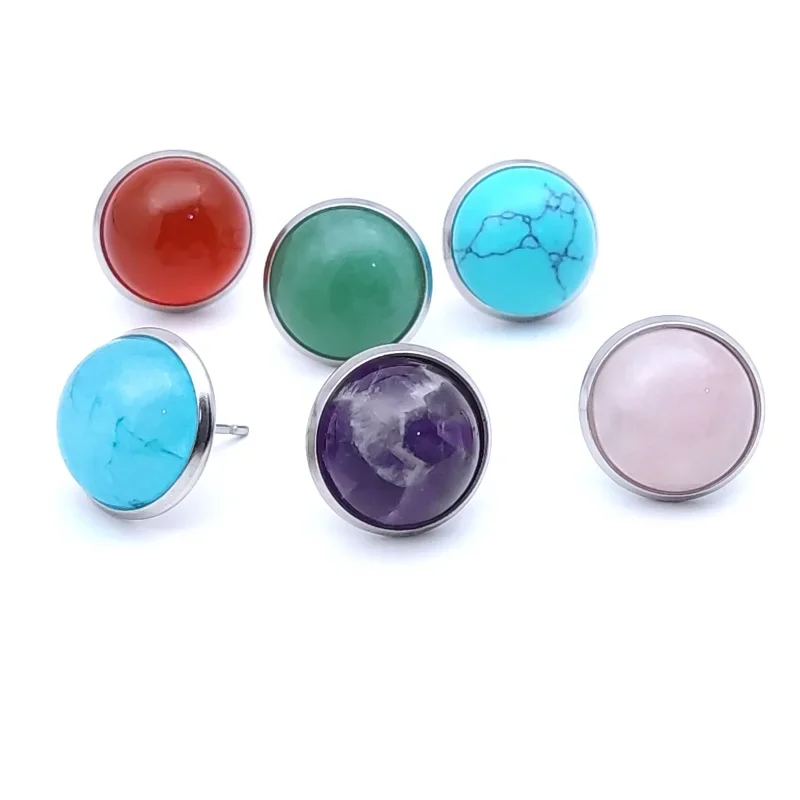 Stainless Steel 10mm 12mm Round Natural Dyed Synthetic Stone Earrings for Women Men Brincos Pendientes Jewelry