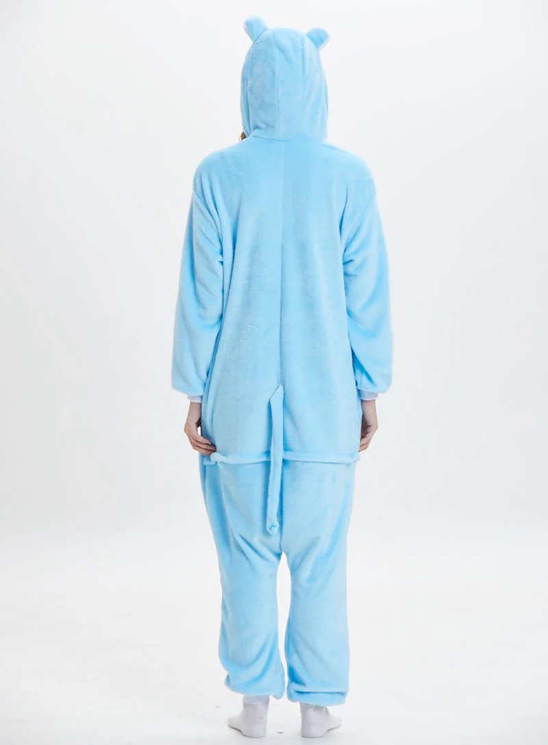 Cute Blue Hippopotamus with long tail Hooded Flannel One-piece Hooded pajamas Button Onesie Couple Comfortable Leisure wear