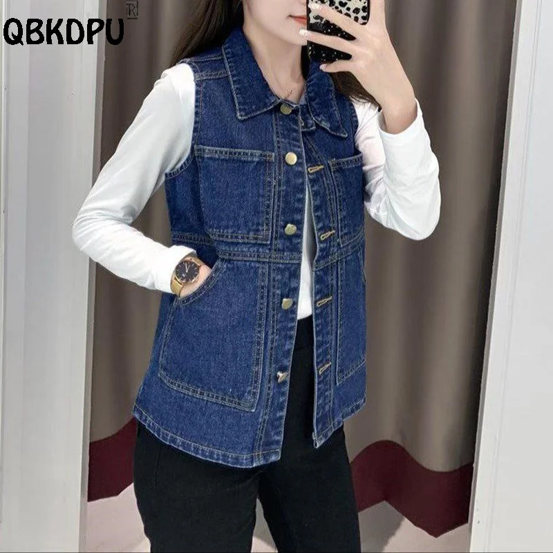 Oversize 100kg Classic Denim Vest Women Spring Vintage Chaleco Vaquero Mujer Korean Fashion Single-Breasted Sleeveless Jacket