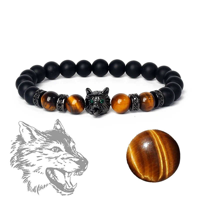 Punk Wolf Head Strand Bracelet Men Crown Natural Stone Lava Rock Save A Wolf Beaded Braclets Women Healing Energy Biker Jewelry