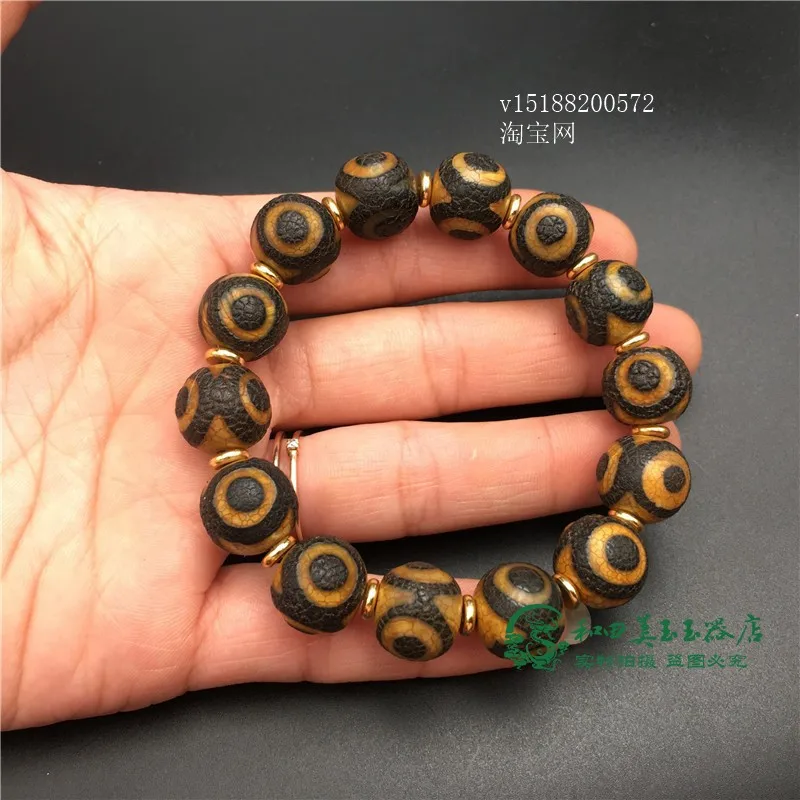 Natural Tibet Three-Eye Bracelet round Beads Chalcedony Agate Rough Stone Buddha Beads Bracelet Single Circle