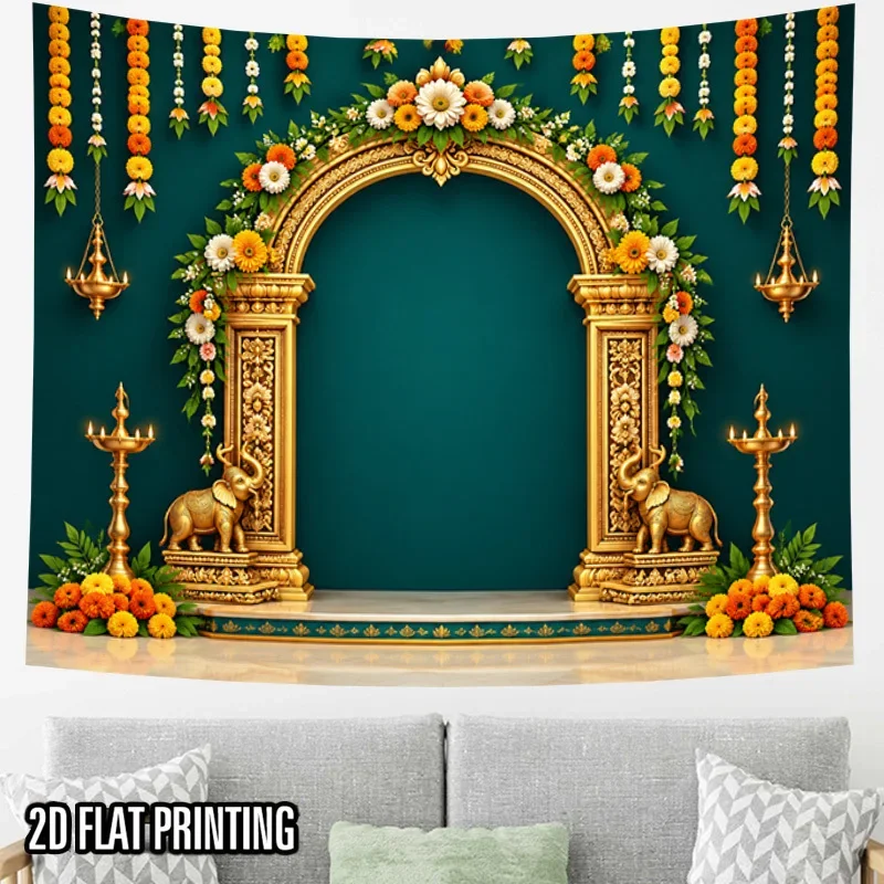 Vibrant Indian Festival Archway Tapestry Wall Hanging Decoration for Home Pooja Room Mandir Backdrop