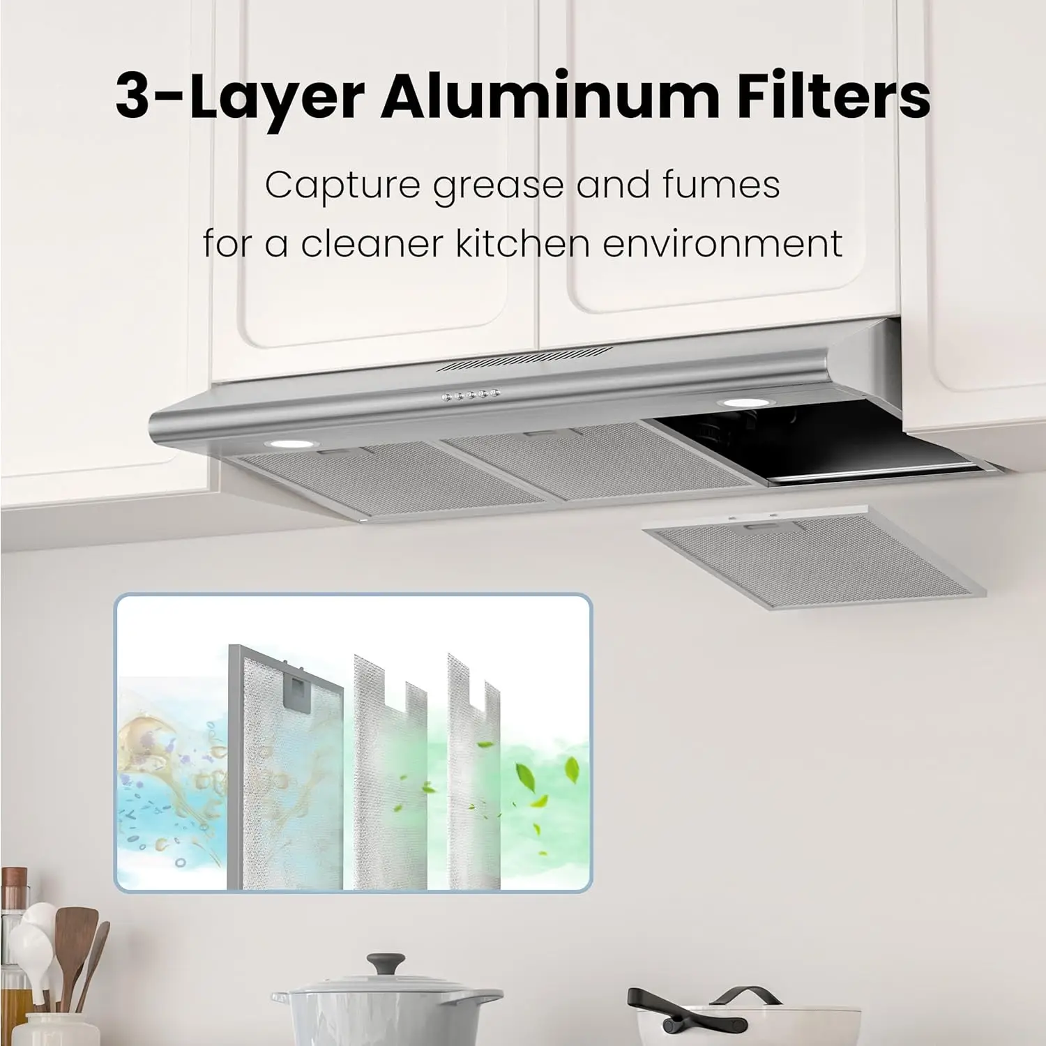 غطاء محرك السيارة تحت الخزانة مقاس 36 بوصة مع موقد المطبخ النحيف القابل للتحويل بدون أنابيب وغطاء محرك السيارة مزود بإضاءة LED ومروحة عادم 3 سرعات Reusa #5