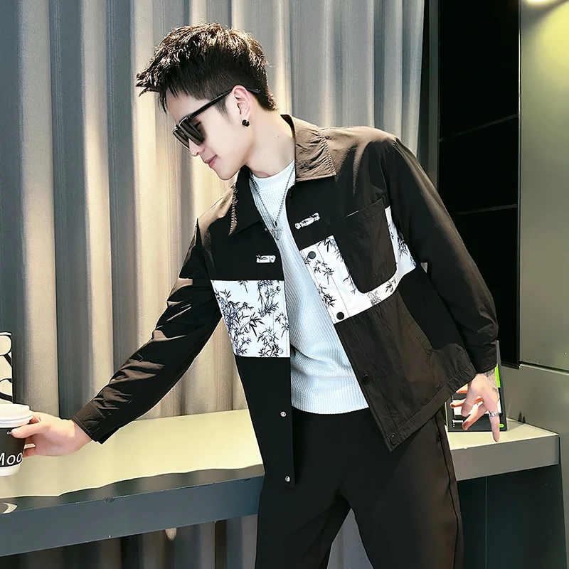 

New Chinese Sle Men's Jaet Spring Autumn Casual Turn-down Collar Splicing Top Small Size Haome Brand-Free Clothing