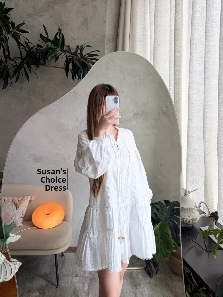 

Susan Pure Cotton Lace Lantern Sleeve Loose Dress Short Style Women's Holiday Fashion Cotton100% H Version Long Sleeve Dress