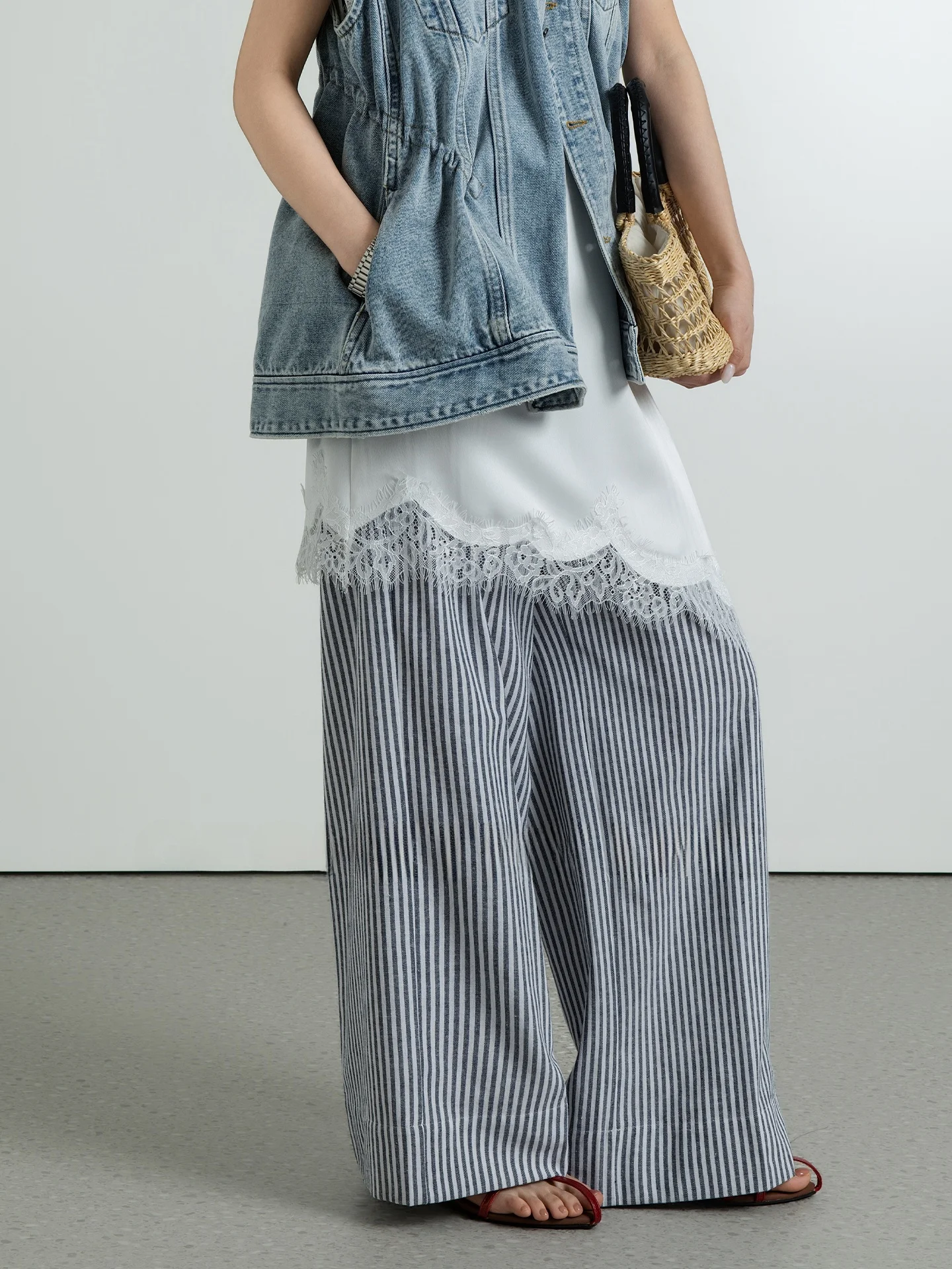 

Классические ретро-брюки в полоску из льна для женщин, на шнурке, с эластичным поясом, тонкие, прямого кроя, весна-лето, не мнущиеся