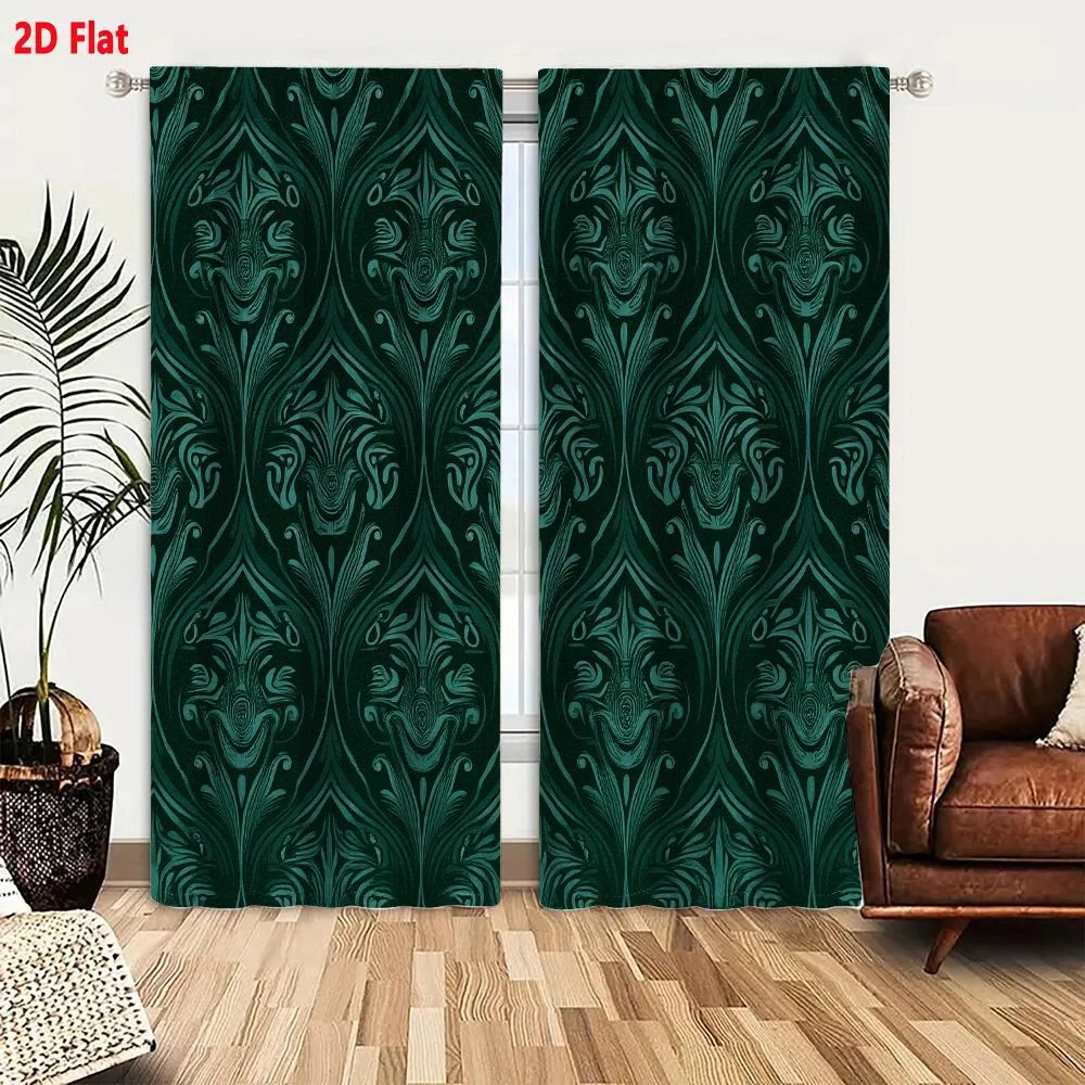 2Pcs Curtains 2D Flat Seamless Ornate Art Nouveau Green Floral Pattern For Wallpaper And Fabric Window Drapes for Bedroom Room D